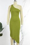 Light Green Sexy Solid Backless Oblique Collar Sleeveless Dress Dresses