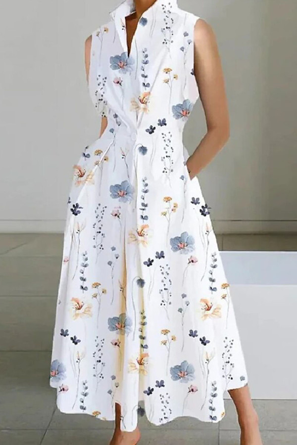 White Grey Casual Print Patchwork Buttons Fold Mandarin Collar A Line Dresses