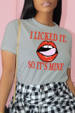 Black Street Daily Lips Printed Patchwork Letter O Neck T-Shirts