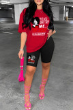 Red Casual Print Basic O Neck Short Sleeve Two Pieces