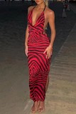 Red Sexy Print Backless Slit Spaghetti Strap Long Dress Dresses