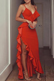 Grey Sexy Casual Celebrities Solid Flounce Spaghetti Strap Dresses