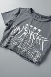 Grey Casual Street Letter Printing O Neck Two Pieces
