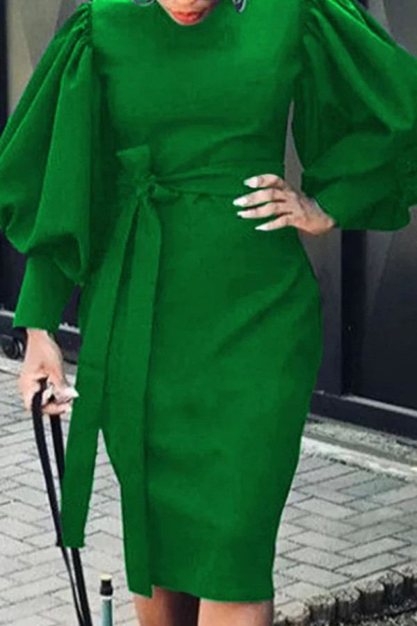 Green Casual Solid Bandage Patchwork O Neck One Step Skirt Dresses