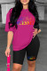 Rose Red Casual Letter Print Basic O Neck Short Sleeve Two Pieces