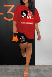 Red Casual Print Basic O Neck Short Sleeve Two Pieces