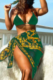 Green Sexy Print Bandage Patchwork Asymmetrical 3 Piece Sets