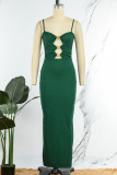 Green Sexy Solid Hollowed Out Backless Spaghetti Strap Long Dress Dresses