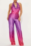 Purple Sexy Casual Gradual Change Print Backless Halter Regular Jumpsuits