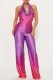 Purple Sexy Casual Gradual Change Print Backless Halter Regular Jumpsuits