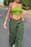 Green Sexy Street Solid Pierced Strap Design Halter High Waist Tops