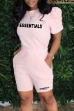 Red Casual Print Letter O Neck Short Sleeve Two Pieces
