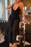 Black Sexy Casual Solid Backless Fold Spaghetti Strap Skinny Jumpsuits
