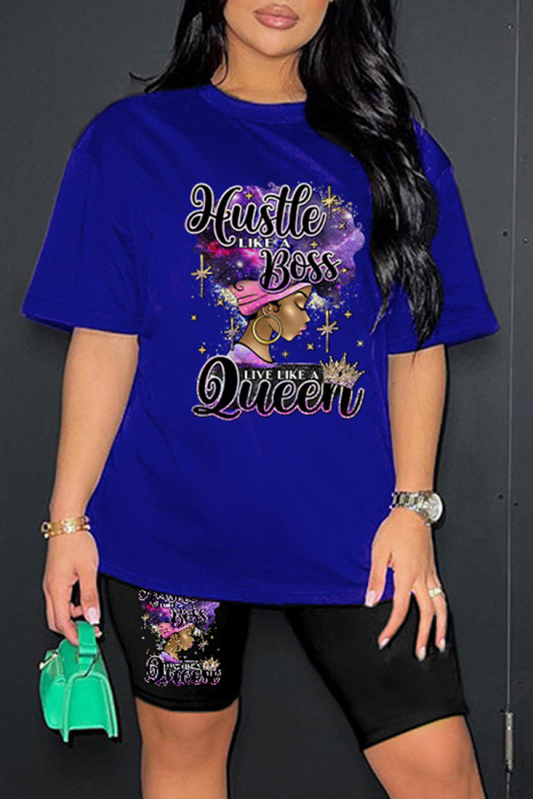 Blue Casual Print Basic O Neck Short Sleeve Two Pieces