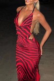 Red Sexy Print Backless Slit Spaghetti Strap Long Dress Dresses