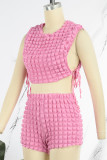 Pink Casual Solid Frenulum O Neck Sleeveless Two Pieces