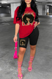 Red Casual Print Basic O Neck Short Sleeve Two Pieces