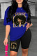 Blue Casual Print Basic O Neck Short Sleeve Two Pieces