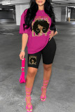 Red Casual Print Basic O Neck Short Sleeve Two Pieces