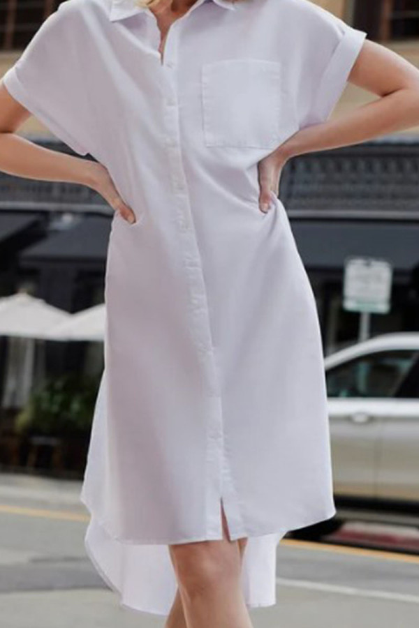 White Casual Print Patchwork Buckle Turndown Collar Shirt Dress Dresses