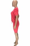 Red Casual Print Letter O Neck Short Sleeve Two Pieces