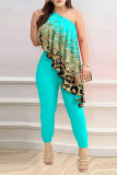 Lake Blue Sexy Print Patchwork Flounce Oblique Collar Skinny Jumpsuits