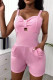 Pink Casual Simplicity Solid Patchwork Cut Out Spaghetti Strap Regular Rompers