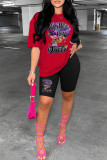 Pink Casual Print Basic O Neck Short Sleeve Two Pieces