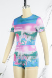 Purple Casual Street Print O Neck Short Sleeve Two Pieces