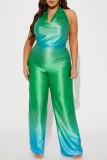 Purple Sexy Casual Gradual Change Print Backless Halter Regular Jumpsuits