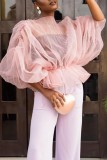 Pink Casual Solid See-through O Neck Tops