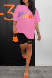 Pink Casual Letter Print Basic O Neck Short Sleeve Two Pieces