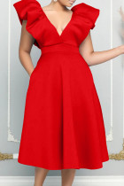 Red Celebrities Solid Patchwork V Neck Evening Dress Dresses