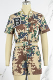 Khaki Casual Print Patchwork Buckle Short Sleeve Two Pieces