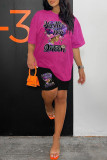 Pink Casual Print Basic O Neck Short Sleeve Two Pieces