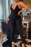 Black Sexy Casual Solid Backless Fold Spaghetti Strap Skinny Jumpsuits