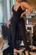 Black Sexy Casual Solid Backless Fold Spaghetti Strap Skinny Jumpsuits