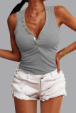 Grey Casual Street Solid Buttons V Neck Tops