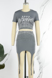 Grey Casual Street Letter Printing O Neck Two Pieces