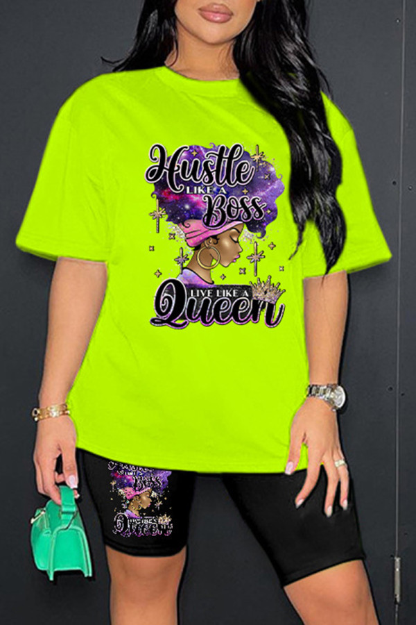 Fluorescent Green Casual Print Basic O Neck Short Sleeve Two Pieces