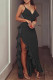Black Sexy Casual Celebrities Solid Flounce Spaghetti Strap Dresses