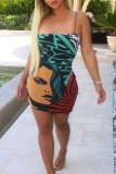 Black Sexy Print Backless Spaghetti Strap Wrapped Skirt Dresses