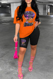 Pink Casual Print Basic O Neck Short Sleeve Two Pieces