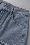 Blue Casual Solid Ripped Patchwork High Waist Regular Denim Shorts