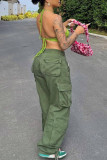 Green Sexy Street Solid Pierced Strap Design Halter High Waist Tops