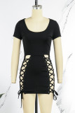 Black Sexy Casual Simplicity Solid Hollowed Out O Neck One Step Skirt Dresses