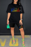 Pink Casual Letter Print Basic O Neck Short Sleeve Two Pieces