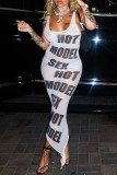 White Sexy Letter Print Patchwork See-through Asymmetrical U Neck Pencil Skirt Dresses