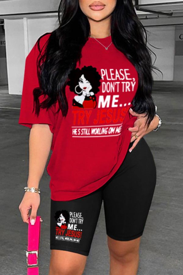 Red Casual Print Basic O Neck Short Sleeve Two Pieces