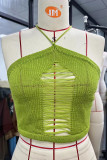 Green Sexy Street Solid Pierced Strap Design Halter High Waist Tops